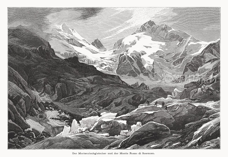 Morteratsch Glacier and Piz Scerscen, graub<s:1>恩登，瑞士，木刻，1877年出版